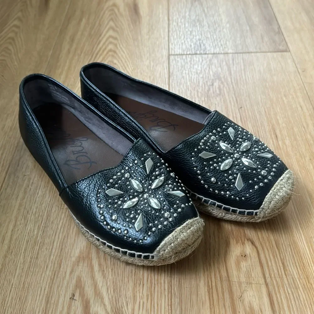 Brighton Womens Black Studded Leather Jett Espadrille Slip On Shoes Sz 8 Comfort